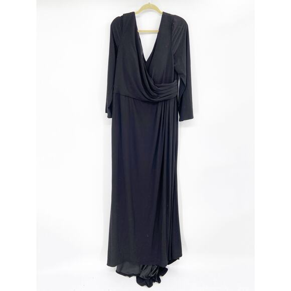 La Femme Curve Black Long Sleeve Faux Wrap Evening Gown Size 20 - Picture 2 of 5